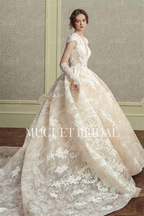 Champagne Deep V Lace Wedding Dress Short Sleeve Wedding - Etsy