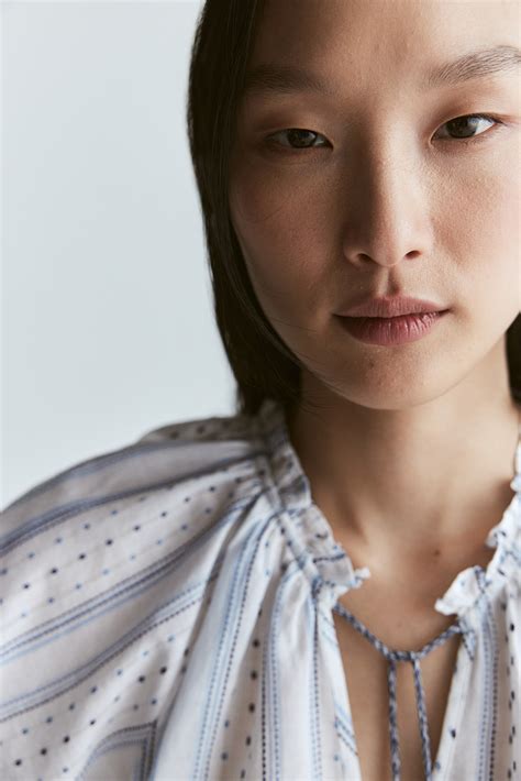 Drawstring-detail cotton blouse - White/Blue striped - Ladies | H&M GB