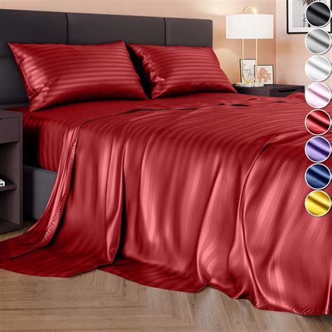 Amazon.com: DECOLURE Striped Satin Sheet Queen Set 4pcs - Luxurious ...