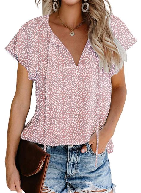 Fantaslook Women's Floral Print V-Neck Blouses, Ruffle Short Sleeve ...