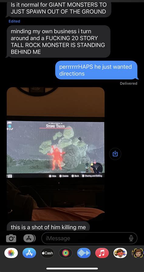 My gf sends me text updates of her playing her first playthrough of BOTW. This is my favorite ...