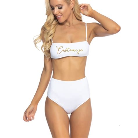 Custom Text White High Waisted Bikini Swimsuit - ADashOfChic