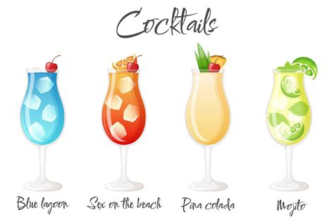 Blue lagoon, sex on the beach, Pina colada, mojito classic alcohol cocktails set. 25421444 ...