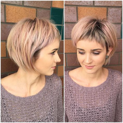 Shaggy Rose Gold Bob with Micro Fringe Bangs and Blonde Highlights ...