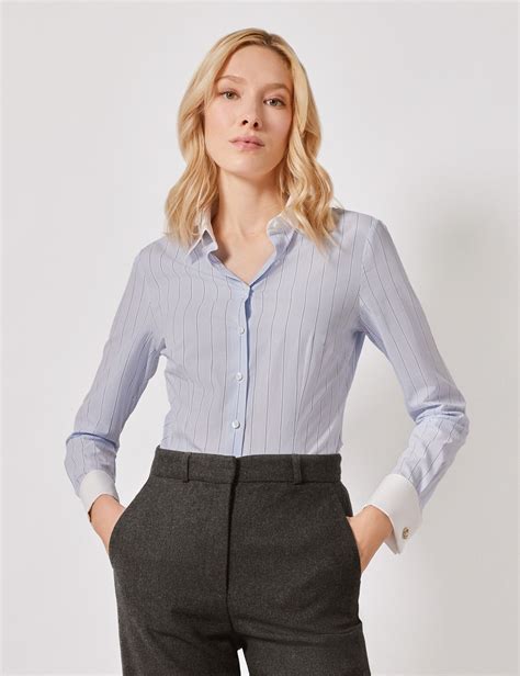 Women's Executive Blue & White Wide Stripe Fitted Shirt - White Collar ...