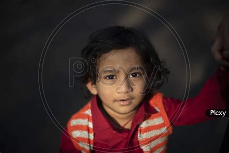Image of Portrait of an Indian brunette baby boy in winter wear enjoying himself in a field on a ...