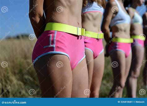 Four Female Athletes, All Wearing Pink Shorts and Yellow Belts, Stand ...