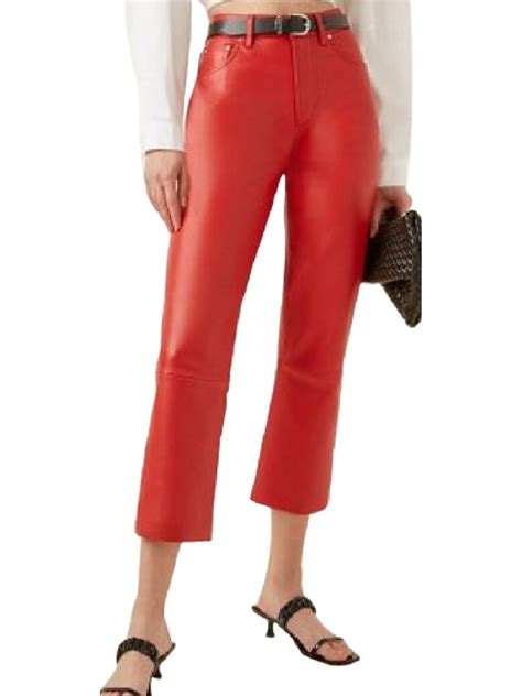 Straight Leg Red Leather Capris Pants