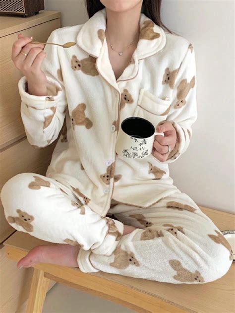 Lovely Beige Bear Pattern Coral Fleece Pajama Set, Super Warm Women ...