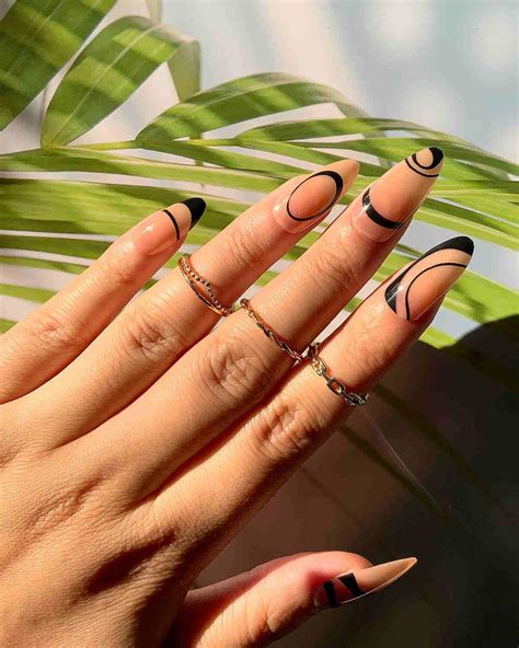 Sankki Almond French Tip Press on Nails - Black Abstract Line Design - 24Pcs Medium Length False ...