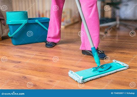 Woman is Mopping Wooden Floor with Mop Stock Image - Image of lifestyle ...