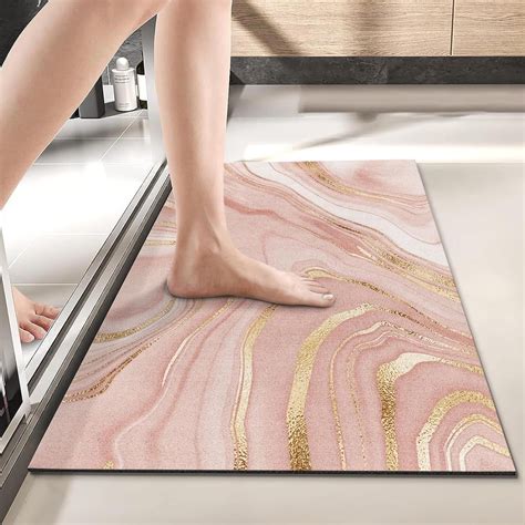 Bath Mat for Bathroom, Marble Texture Pink and Gold Washable Bath Mat ...