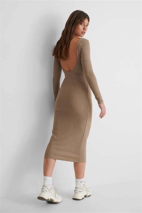 Deep Back Rib Midi Dress Brown | NA-KD