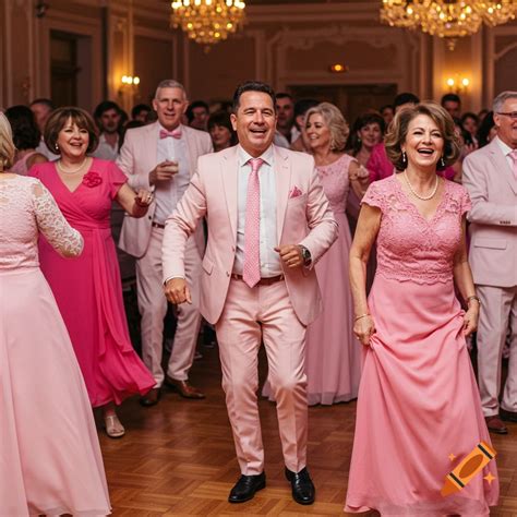 Middle-aged men and women in pink dresses and suits dancing in a ...