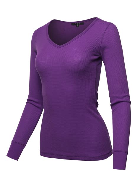 A2Y Women's Basic Solid Long Sleeve V Neck Fitted Thermal Top Shirt ...