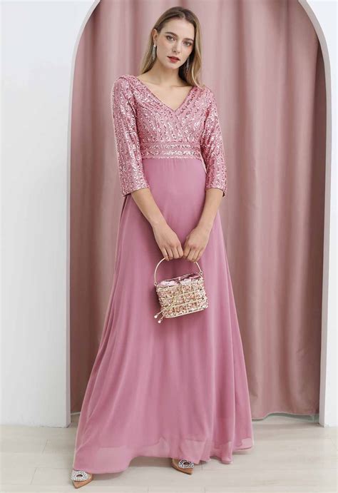 Exquisite Sequin V-Neck Chiffon Maxi Gown in Dusty Pink - Retro, Indie ...