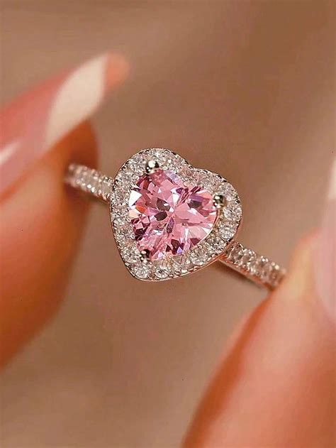 1pc Shiny Pink Heart Shaped Cubic Zirconia Ring, Women Engagement ...