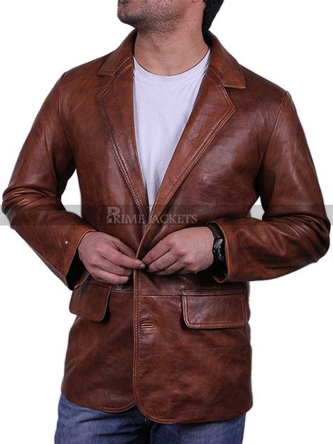 Mens Brown Italian Leather Blazer Jacket - Sourock