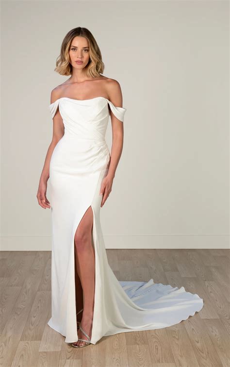 Luxe Crepe Off-the-Shoulder Wedding Dress with Draped Bodice