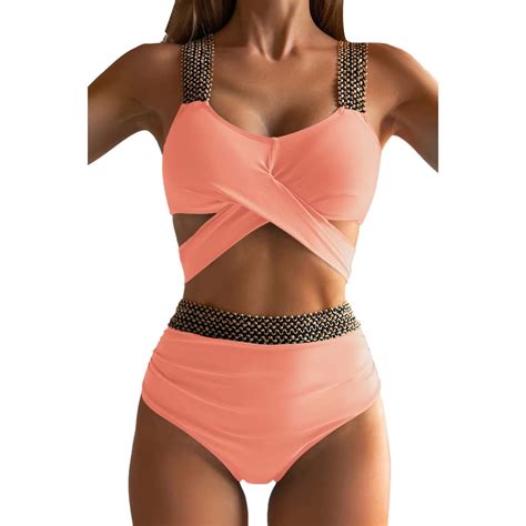 2 Piece Bikinis V-Neck for Women Low Bust Trim High Waist Cut Golden ...