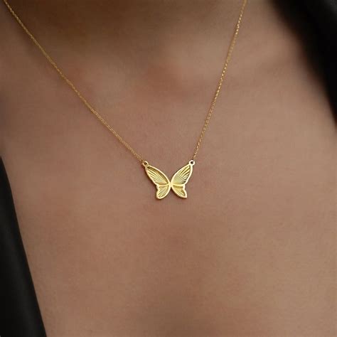14K Solid Gold Butterfly Necklace for Women, Dainty Sun Ray Butterfly ...