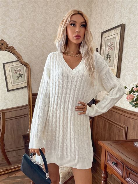 V Neck Cable Knit Sweater Dress | SHEIN USA
