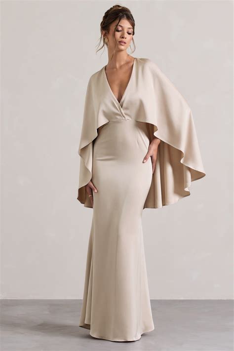 Yasie | Champagne Satin Plunge-Neck Maxi Dress With Cape Sleeves ...