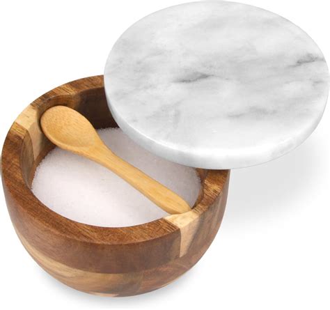 Amazon.com: HESHIBI Wooden Salt Cellar Box with Marble Lid & Spoon ...