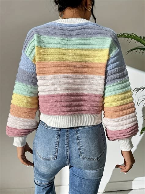Colorful Stripe Knit Sweater, Casual Crew Neck Lantern Sleeve Sweater ...