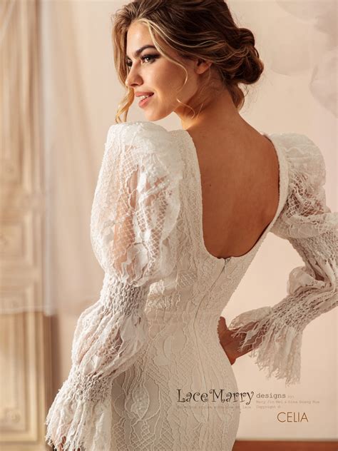 CELIA / Unique Lace Wedding Dress with Long Puff Sleeves - LaceMarry