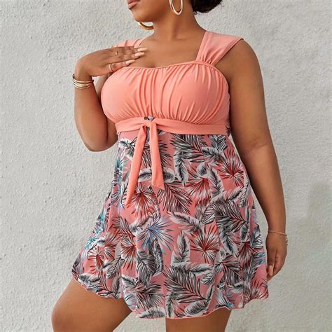 PXLKNZH Plus Size Floral Printed Two Piece Swimsuits for Women Tankini ...