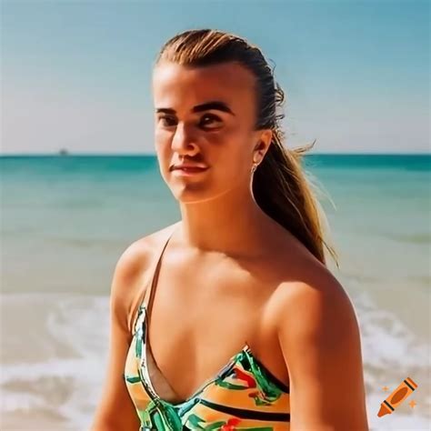Sabrina Ionescu at the beach in a stylish swimsuit on Craiyon