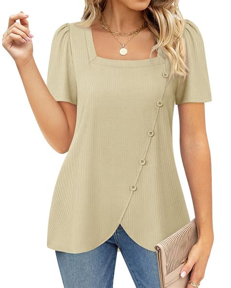 VALOLIA Women's Short Sleeve Tops Square Neck Shirts for Women Buttons ...