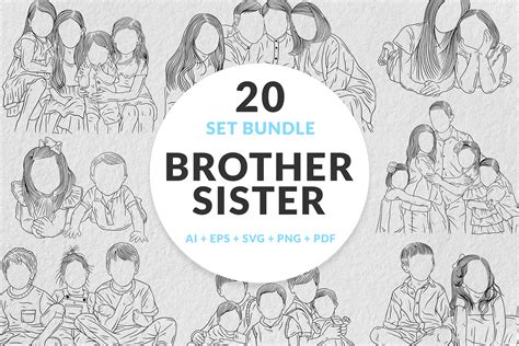 20 Set Bundle Happy Sibling Brother and Sister Kids Child Hand Drawn ...