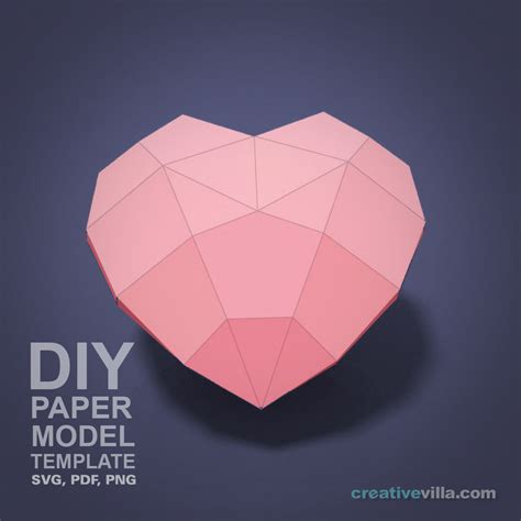 Simple Heart DIY Low Poly Paper Model Template with optional Stem and ...