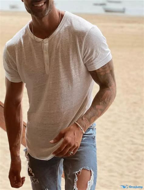 OrcaJump - Hombres Sólido Blanco Henley Camisa de Manga Corta Button ...