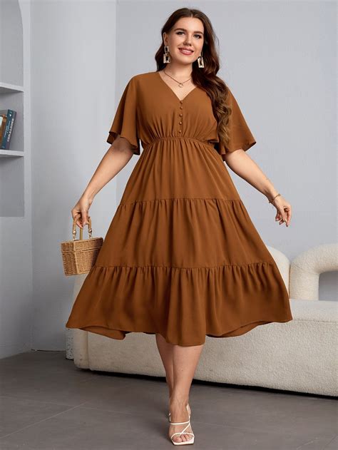 Plus Flutter Sleeve Button Front Ruffle Hem Dress | Plus size vestidos ...