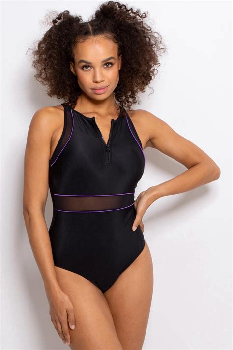 Energy Chlorine Resistant High Neck Zip Front Swimsuit in Black/Purple ...