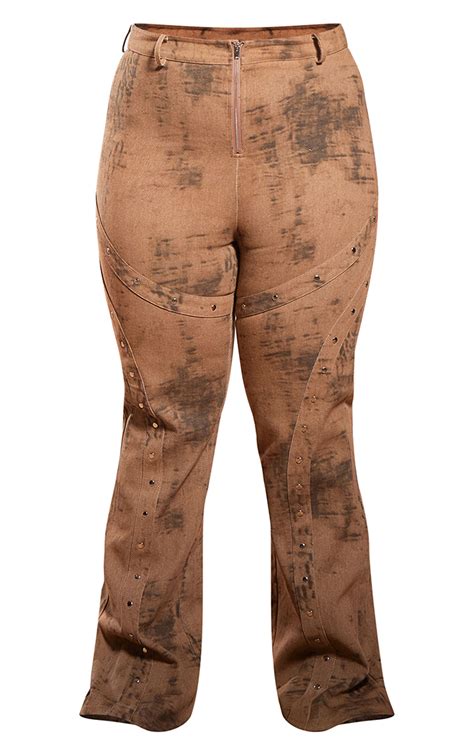 Plus Brown Acid Wash Studded Detail Flare Jeans | Plus Size ...