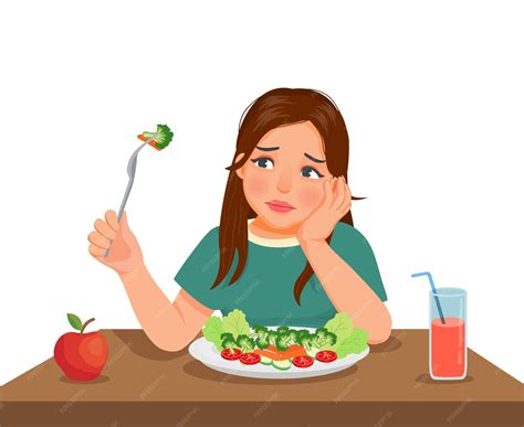 Premium Vector | Young woman has no appetite to eat food sitting in ...