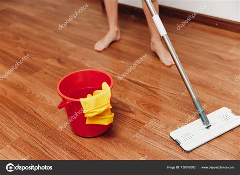 Woman Mopping Wooden Floor Cleaning Solution Bucket Red Bucket Yellow ...