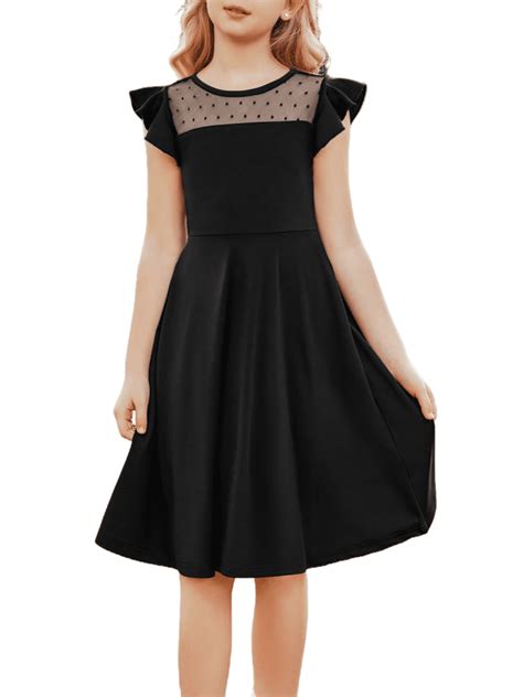 Oudiya Girls Summer Black Dress Ruffle Sleeve Mesh A Line Casual Party ...