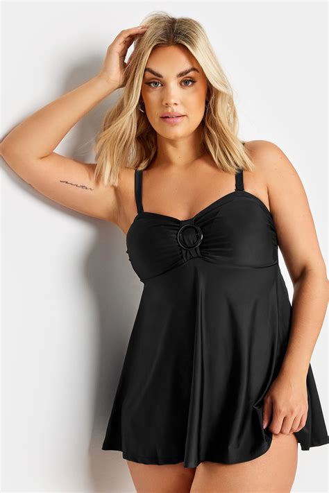 YOURS Plus Size Black Buckle Front Tummy Control Swim Dress | Yours ...