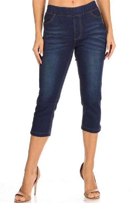 Jvini Women's Denim Capri Jeans, Stretch Pull-On Pants, Dark Blue Wash ...