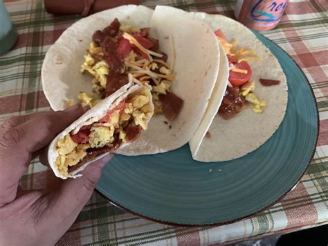 My boyfriend made me brunch tacos. Scrambled eggs, Morningstar bacon ...