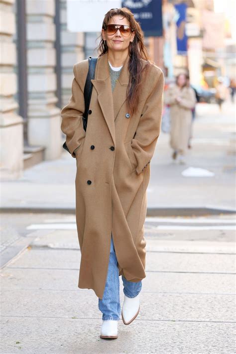 Katie Holmes in a Camel Hair Coat, Jeans and White Boots in NYC 12/08 ...