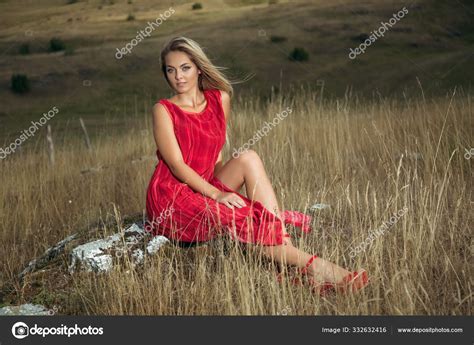 Beautiful Blonde Summer Red Dress Walks Mountain Field — Stock Photo ...