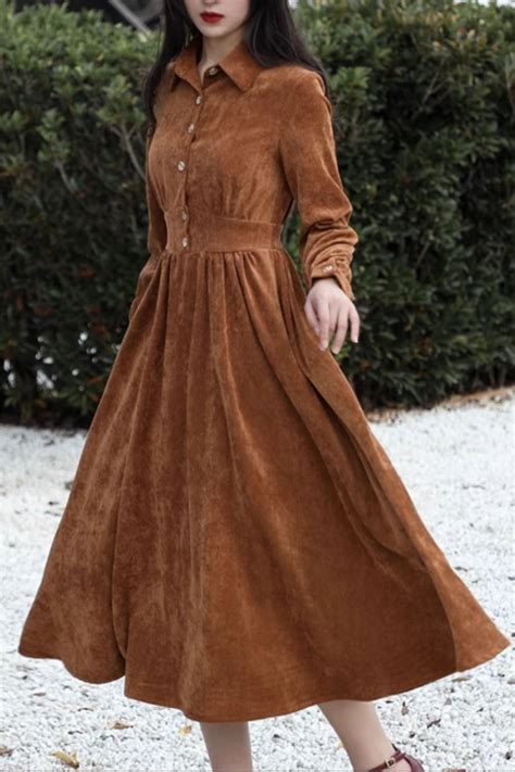 Long corduroy shirt dress women 4805 - Xiaolizi