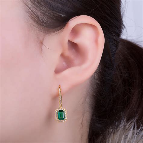 Princess Emerald cut Emerald Halo 10K Yellow Gold Pave Drop Earrings ...