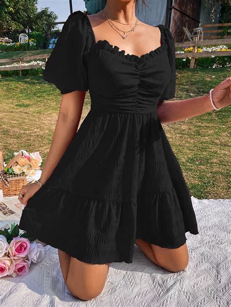 Ruched Tie Back Ruffle Hem Dress | Pretty dresses casual, Black short ...